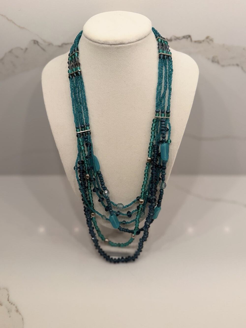 Teal Blue Multi Strand Beaded Statement Necklace Boho Layered Glass Beads